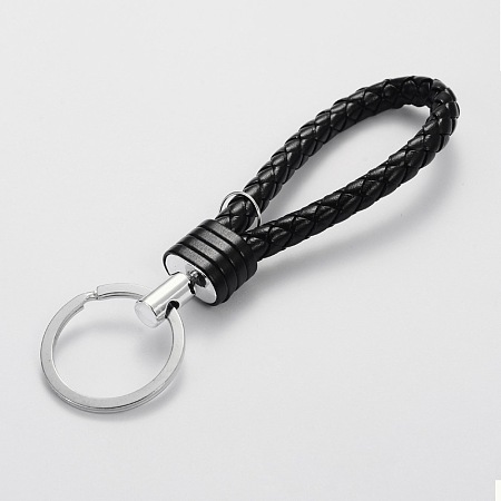 PandaHall Elite Black Braided PU Leather Key Chains with Platinum Plated Iron Findings 130mm