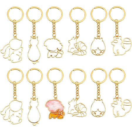 OLYCRAFT 12Pcs Animal Open Bezel Charms with Keychain 6-Style Alloy Frame Pendants Color-Lasting Hollow Squirrel Cat Resin Frames with Loop for Resin Jewelry Making - Gold