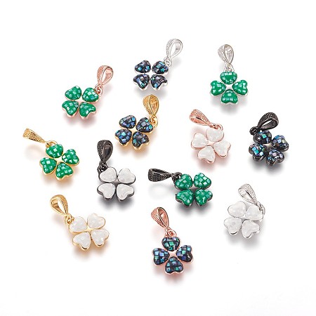 Brass Enamel Charms, with Freshwater Shell, Four Leaf Clover, Mixed Color, 13.5x12x2.5mm, Hole: 3x3.5mm