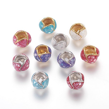 Brass European Beads, Large Hole Beads, with Enamel and Freshwater Shell, Round, Mixed Color, 11x7.5mm, Hole: 5x5mm