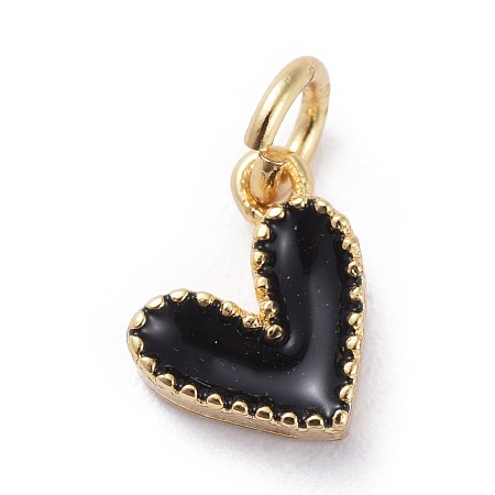 Honeyhandy Enamel Charms, with Brass Findings, Heart, Golden, Black, 9x7x2.5mm, Hole: 2.5mm