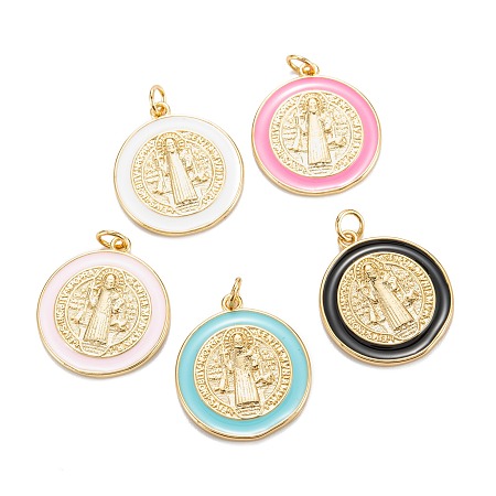 Honeyhandy Brass Enamel Pendants, Real 18K Gold Plated, Long-Lasting Plated, Saint Benedict Medal Charms, Golden, Mixed Color, 23.5x20.5x2mm, Hole: 3mm, Jump Ring: 5x0.8mm