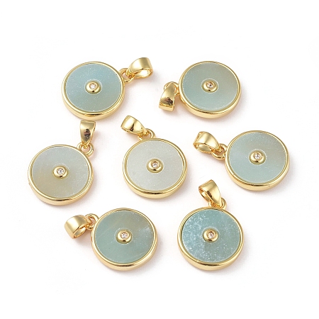 Honeyhandy Natural Amazonite Charms, with Golden Brass Findings and Clear Cubic Zirconia, Long-Lasting Plated, Flat Round, 14x11.5x2.5mm, Hole: 4x3mm