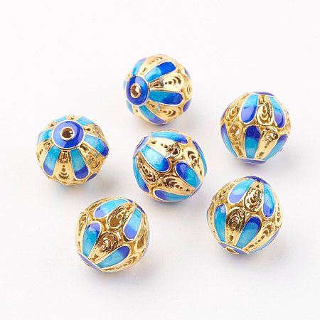 Honeyhandy Brass Enamel Beads, Round, Golden, Deep Sky Blue, 15mm, Hole: 2mm