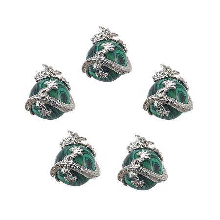 ARRICRAFT 1pc Synthetic Malachite Pendants with Brass Findings Round with Dragon for DIY Jewelry Making, Hole: 4x8mm