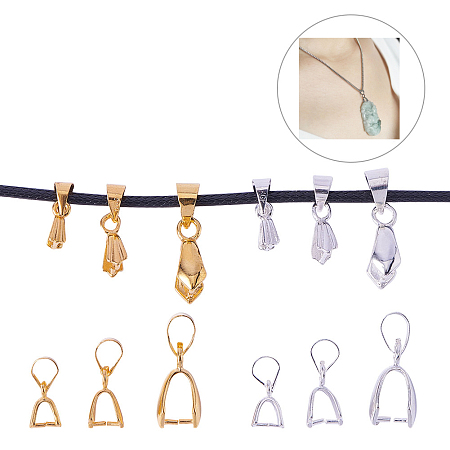 PandaHall Elite 120Pcs Brass Clasp Bails Dangle Charms Jewelry Findings Beads Pendant Bail Pinch Clip Connectors Platinum 3 Sizes