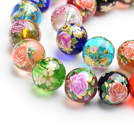 ARRICRAFT Flower Painted Handmade Lampwork Round Beads, Colorful, 14x13mm, Hole: 1mm