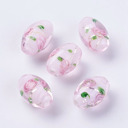 NBEADS Handmade Silver Foil Lampwork Beads, Inner Flower, Rice, Pink, 16~17x11mm, Hole: 1.5mm
