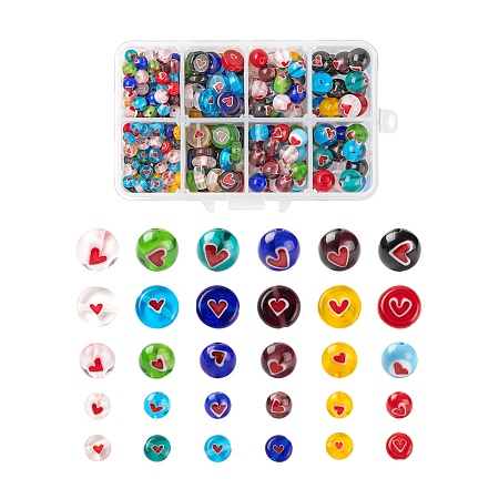 ARRICRAFT 360Pcs 5 Styles Handmade Lampwork Beads, Flat Round with Heart & Round with Heart, Mixed Color, Beads: 360pcs