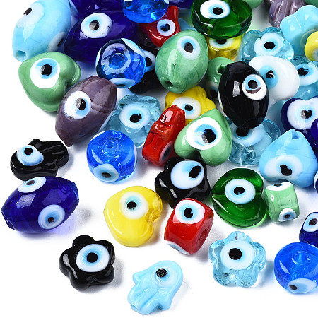 Honeyhandy Handmade Evil Eye Lampwork Beads, Mixed Shapes, Mixed Color, 10~16x10~14x5~11mm, Hole: 1.2~2.5mm, about 100pcs/bag
