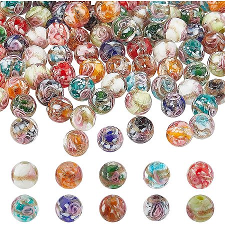 PandaHall Elite 10 Colors Gold Sand Lampwork Beads, 8mm Flower Glass Beads Smooth Rondelle Spacer Beads Swirls Loose Beads for Necklace Bracelet Jewelry Craft Making Supplies