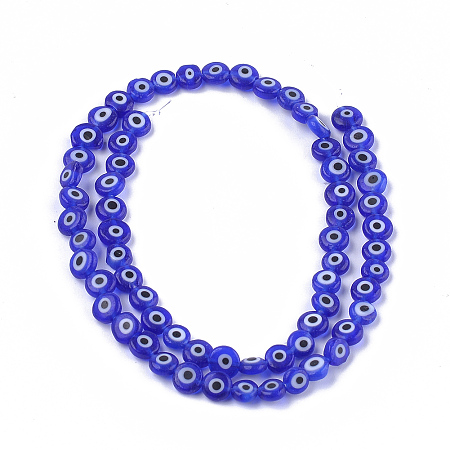Honeyhandy Handmade Evil Eye Lampwork Beads Strands, Flat Round, Blue, 6x2.5mm, Hole: 1mm, about 64~65pcs/strand, 14.1 inch~14.5 inch