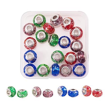 NBEADS 1 Box 20Pcs/Box Handmade Silver Foil Lampwork European Beads Large Hole Rondelle Beads for Bracelets Making, Mixed Color, 14x10mm, Hole: 4.5mm