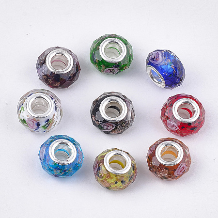 Arricraft Handmade Lampwork European Beads, Large Hole Beads, with Platinum Color Brass Single Cores, Rondelle, Colorful, 14x7.5mm, Hole: 4mm
