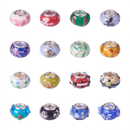 ARRICRAFT 100PCS Mixed Styles Handmade Lampwork Glass European Beads Large Hole Rondelle Beads with Brass Double Cores, Mixed Color