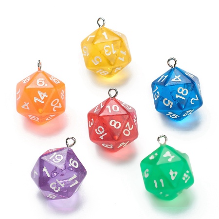 Arricraft Transparent Acrylic Pendants, with Platinum Plated Iron Findings, Faceted, Dice, Mixed Color, 27.5x20x20mm, Hole: 2mm