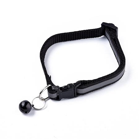 Honeyhandy Adjustable Polyester Reflective Dog/Cat Collar, Pet Supplies, with Iron Bell and Polypropylene(PP) Buckle, Black, 21.5~35x1cm, Fit For 19~32cm Neck Circumference