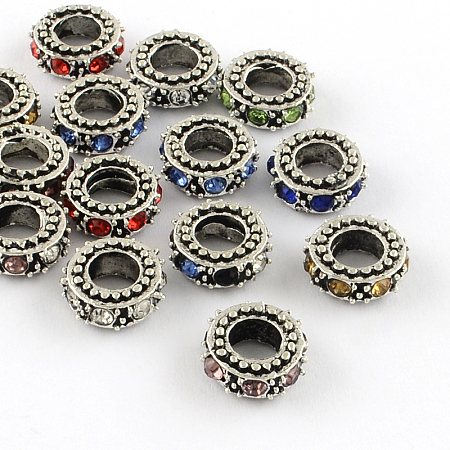 ARRICRAFT Antique Silver Plated Alloy Rhinestone Donut Large Hole European Beads, Mixed Color, 11x4.5mm, Hole: 5mm