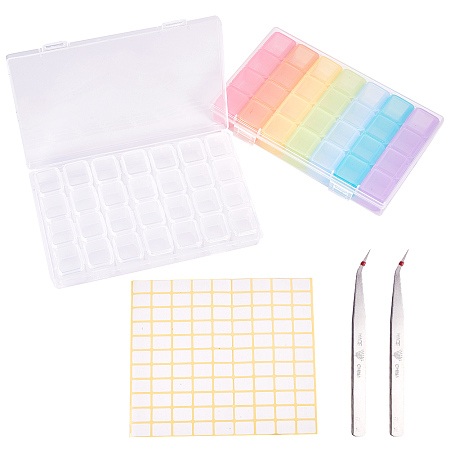 PandaHall Elite 2 Pack 28 Slots Clear Diamond Embroidery Storage Box with 99pcs Name Tag Labels Stickers, Tweezers (5D Diamond Painting Cross Stitch Tools Accessories)