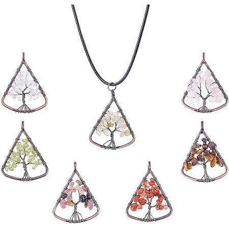 CHGCRAFT 7Pcs 7Colors Natural Gemstone Wire Wrapped Pendant Necklaces Women Family Tree of Life Pendant Necklace Dainty Jewelry Anniversary Birthday