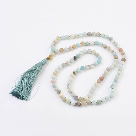Honeyhandy Natural Amazonite Buddha Mala Beads Necklaces, with Alloy Findings and Nylon Tassels, 109 Beads, 39.3 inch (100cm), Pendant: 115mm long