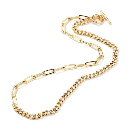 Honeyhandy Chain Necklaces, with Brass Enamel Curb Chains & Paperclip Chains, 304 Stainless Steel Toggle Clasps, Real 18K Gold Plated, White, 17-3/8 inch(44cm)