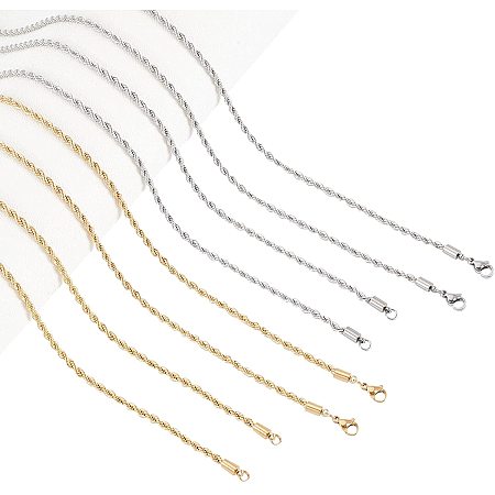 NBEADS 4 Strands 304 Stainless Steel Rope Chain Necklaces, 2 Colors Necklace Twist Rope Chains with Lobster Claw Clasps Jump Rings Golden Silver Chains for Necklace Making