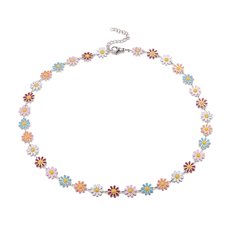 Honeyhandy Enamel Daisy Link Chain Necklace, Vacuum Plating 304 Stainless Steel Jewelry for Women, Stainless Steel Color, Colorful, 16.3 inch(41.5cm)