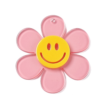 Honeyhandy Transparent Acrylic Big Pendants, Sunflower with Smiling Face Charm, Pink, 55x50.5x6mm, Hole: 2.5mm