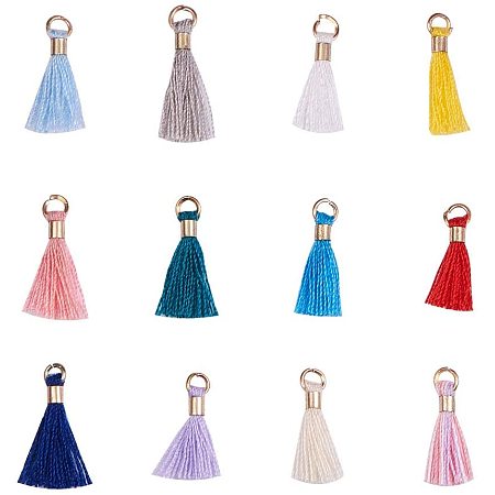NBEADS 1 Box 65 Pcs/Box Cotton Tassel Pendant Tassel Pendant Charms with Caps for Bag Craft Key Chain Straps Decor DIY Accessories, Mixed Color, About 10-16mm Long, 2mm Thick, Hole: 1.5mm