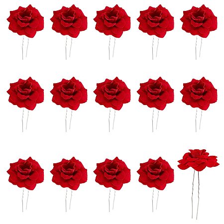 NBEADS 15 Pcs Rose Flower Hair Clips, U Shape Flower Hair Forks Red Rose Head Bobby Pins Bridal Hair Sticks for Wedding Party Hair Accessories, Red