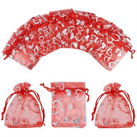 ARRICRAFT About 100 Pcs Red Heart Printed Drawstring Organza Gift Bags Wedding Party Candy Favor Bags Jewelry Pouches Wrap 2.8x3.5 Inches
