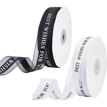 BENECREAT 2Rolls 1 Inch(25mm) Wide Organza Ribbon with Word Best Wishes for You Pattern, Satin Ribbon for Festive Decoration DIY Crafts Arts, Black & White, 50yards/roll(45.72m/roll)