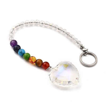 Honeyhandy Chakra Heart Crystal Suncatcher Dowsing Pendulum Pendants, with 304 Stainless Steel Split Key Rings, Glass and Gemstone Beads, Velvet Bag, Stainless Steel Color, Colorful, 25cm