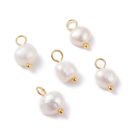 Honeyhandy Natural Cultured Freshwater Pearl Charms, with Golden Brass Ball Head pins, Oval, White, 10~12x5.5~7x4.5~6mm, Hole: 2.4~2.7mm