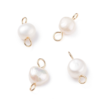 Honeyhandy Natural Cultured Freshwater Pearl Connector Charms, with Golden Tone 304 Stainless Steel Loops, Nuggets, White, 13~14x6.5~7.5x4~5mm, Hole: 2~2.5mm