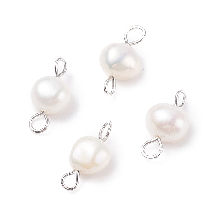 Honeyhandy Natural Freshwater Pearl Connector Charms, with 304 Stainless Steel Loops, Nuggets, White, 14x6~8x5~5.5mm, Hole: 1.5~2.5mm