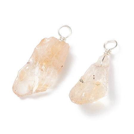 Honeyhandy Rough Raw Natural Citrine Pendants, with Silver Tone Copper Wire Wrapped, Nuggets Charm, 22~33x7~15x5~9mm, Hole: 3.5~4mm