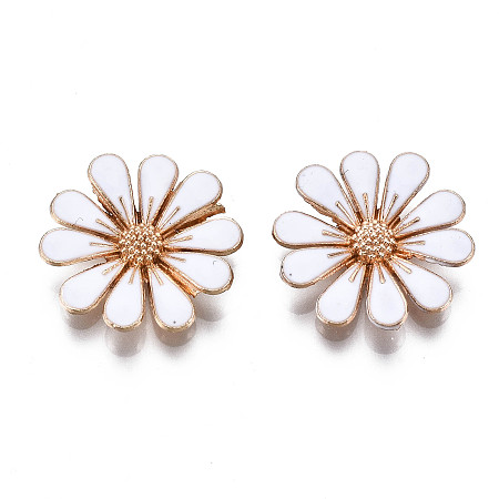 Honeyhandy Alloy Cabochons, with Enamel, Flower, White, Light Gold, 18x18x4mm