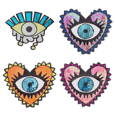 Nbeads 4Pcs 4 Style Sequin Iron on/Sew on Patches, Glittered Appliques, for Garment Decoration, Evil Eye & Heart, Mixed Color, 270x310x1mm & 315x340x1mm, 1pc/style