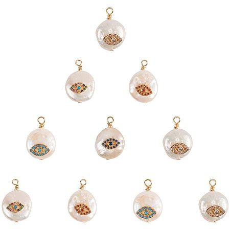 NBEADS 10 Pcs Natural Cultured Freshwater Pearl Pendants, Flat Round Evil Eye Theme Pearl Beads with Cubic Zirconia and Brass Findings Evil Eye Pendant Charms for DIY Jewelry Making, Golden