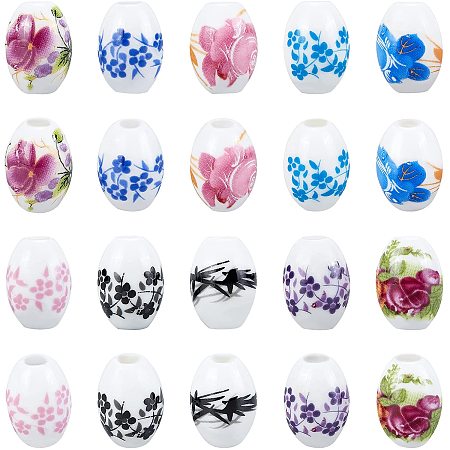 Arricraft 100 Pcs 10 Styles Flower Porcelain Beads, Oval Ceramic Beads with Flower Pattern Colorful Loose Beads for Bracelets Jewelry Making, Hole 3mm