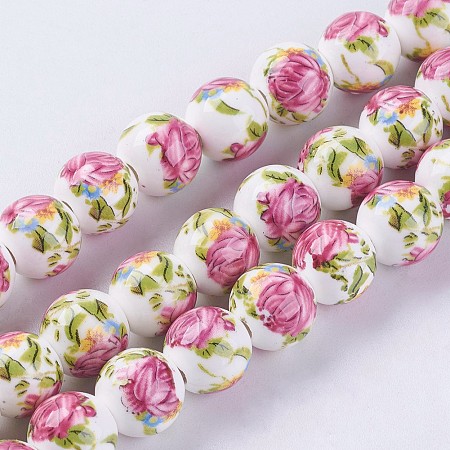 Arricraft Handmade Flower Printed Porcelain Ceramic Beads Strands, Round, Colorful, 10mm, Hole: 2mm; 35pcs/strand, 12.9