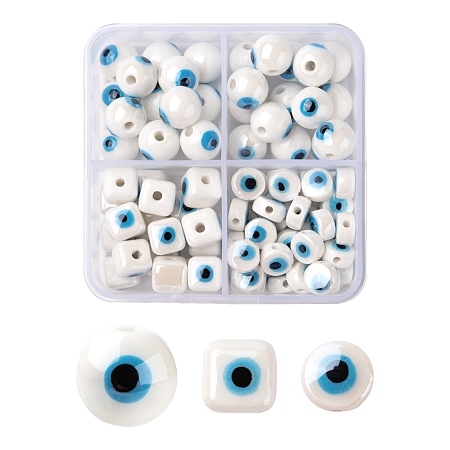 Arricraft 3 Style Handmade Porcelain Ceramic Beads, Bright Glazed Porcelain, Round & Flat Round & Cube with Evil Eye, Mixed Color, 88pcs/box