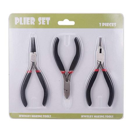 ARRICRAFT 1 Set DIY Jewelry Tool Sets, Polishing Side-Cutting Pliers, Wire-Cutter Pliers and Round Nose Pliers, Black, 105~125x61~62mm; 3pcs/set