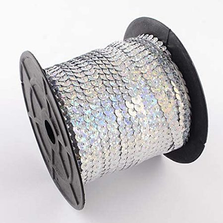 Pandahall Elite 200 Yards 6mm Flat Sequin Strip Silver AB Spangle Sequins Paillette Trim Spool String Sequin Beads for Jewelry Making and Costume Accessories