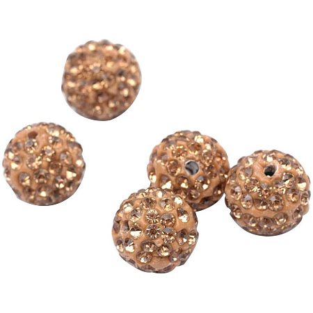 Pandahall Elite About 100 Pcs 10mm Clay Pave Disco Ball Czech Crystal Rhinestone Shamballa Beads Charm Round Spacer Bead for Jewelry Making Light Brown