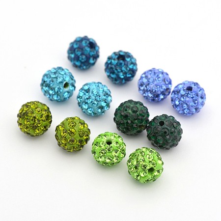 Round Pave Disco Ball Polymer Clay Rhinestone Beads, Mixed Color, 10mm, Hole: 1.5mm, 6pcs/set