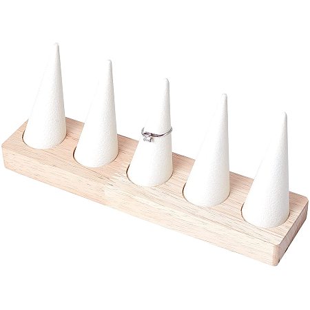 FINGERINSPIRE 5 Finger Rings Display Wooden Cone Ring Holders with Imitation Leather Finger Ring Stand Jewelry Display Holder Showcase 8x2x3 inches/20x5x8cm, White