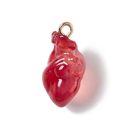 Transparent Resin Pendants, Anatomical Heart charm, with Golden Plated Iron Loops, Indian Red, 20.5~21.5x11.5x11mm, Hole: 2mm